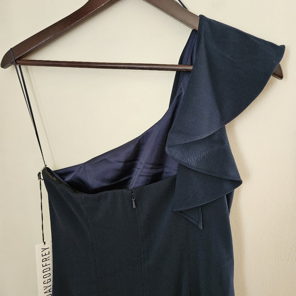 Jay Godfrey Osgood Gown Navy Blue One-Shoulder Dress Formal Ruffle Neutral Solid - Picture 8 of 13